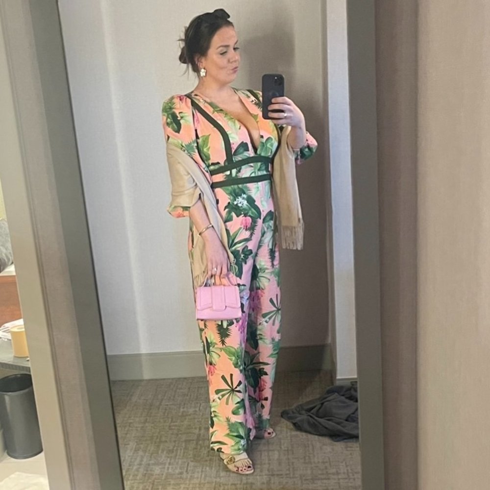 FARM Rio x Anthropologie - Deep V Pink Palm Leaf Jumpsuit - XL